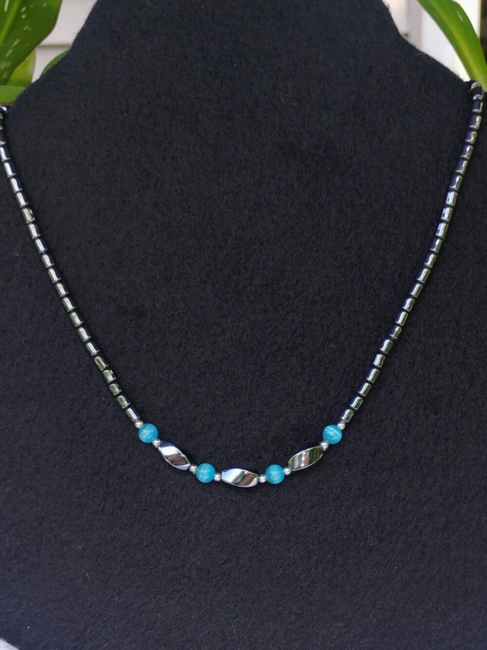 Hematite  and blue cats eye necklace.